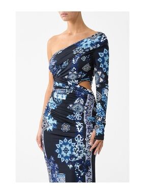 Camilla  one -Shoulder Blue Floral Print Cutout Dress